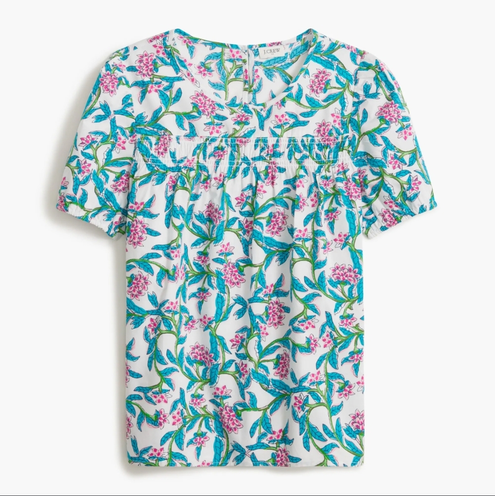 J. Crew Floral Puff Sleeve Top in White and Blue, Size XS